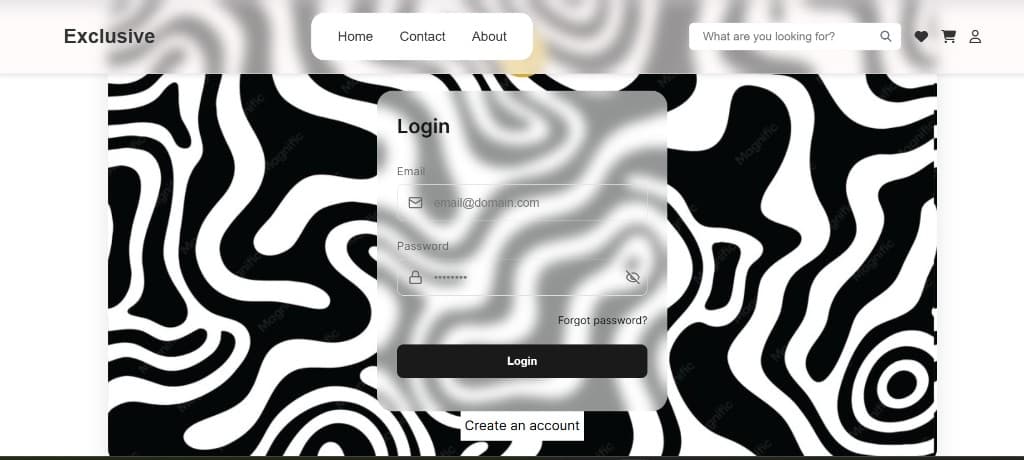 Exclusive login — glassmorphism card on a black-and-white marble background