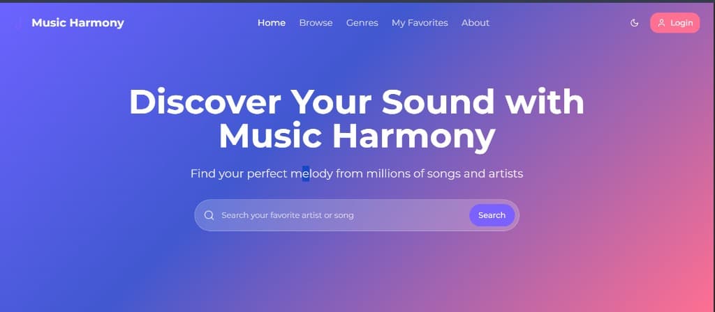 Music Harmony hero — Discover Your Sound, gradient background, and glass search bar