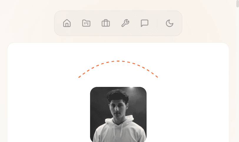 Rohitwork portfolio hero — portrait, orange arc, and pill navigation
